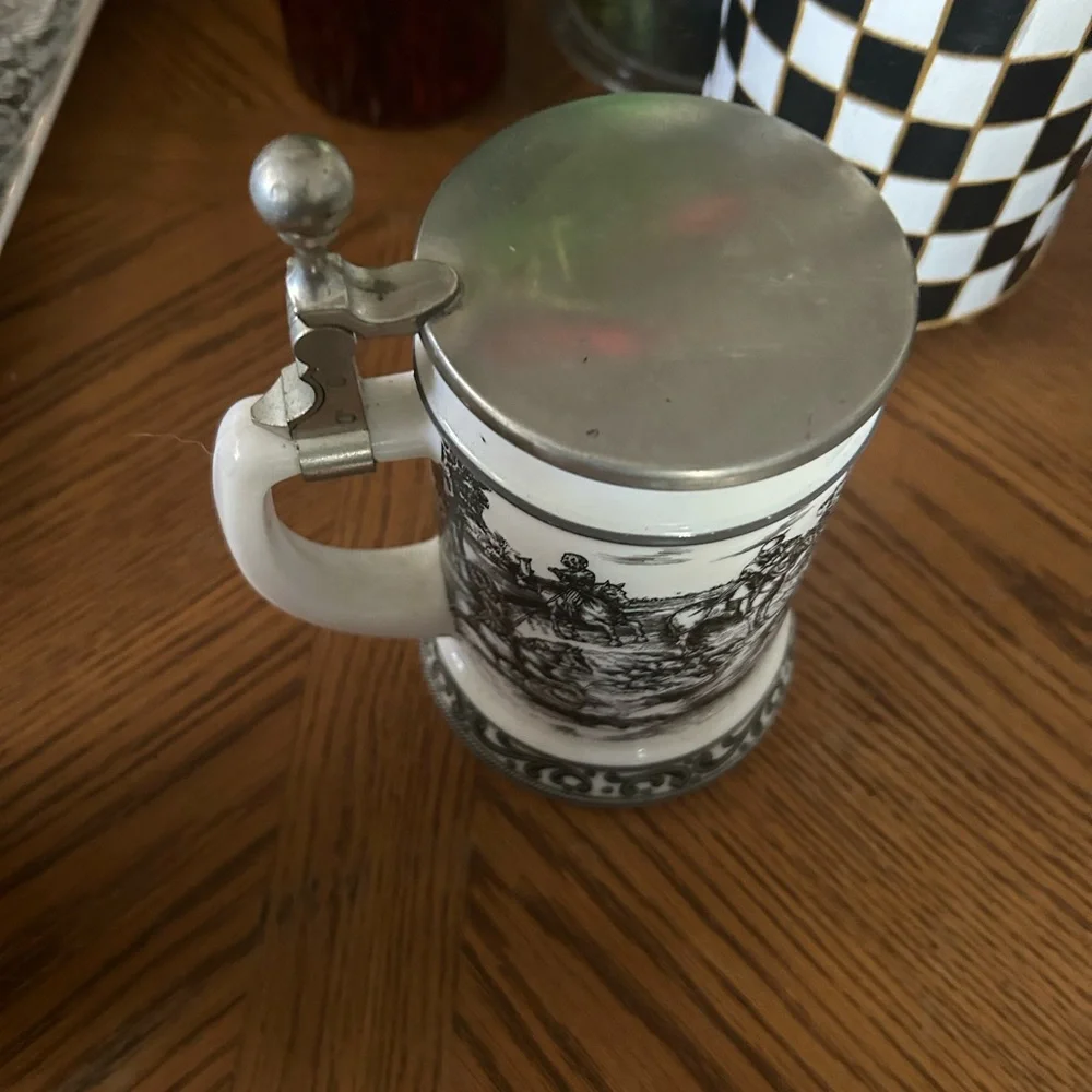Vintage White Milk Glass German Beer Stein Mug with Pewter Lid